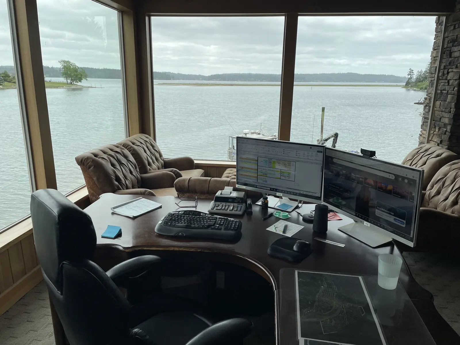 The office desk, looking out over the bay