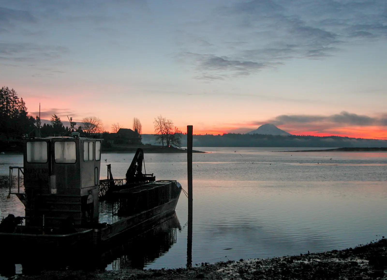 The boat at first light, Mount Rainier on the horizon